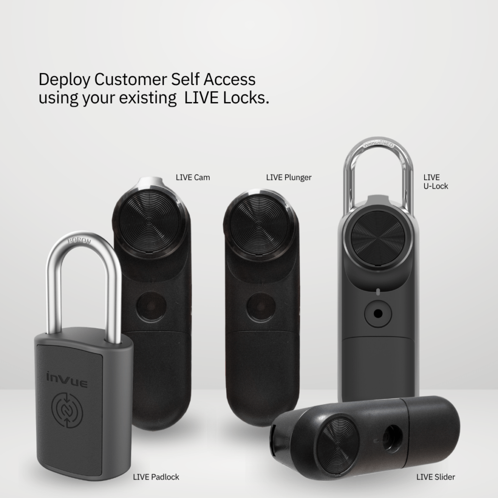 InVue LIVE ‘Customer Self-Access’와 호환되는 잠금 장치 라인업으로, LIVE Cam, LIVE Plunger, LIVE U-Lock , LIVE Padlock 및 LIVE Slider가 포함됩니다.