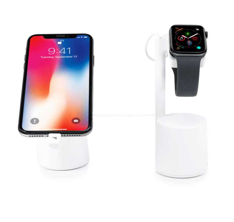 스마트폰과 스마트워치가 각각 별도의 흰색 보안 디스플레이에 표시됨