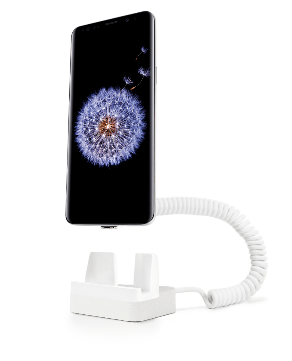 화이트 보안 디스플레이에 부착된 스마트폰