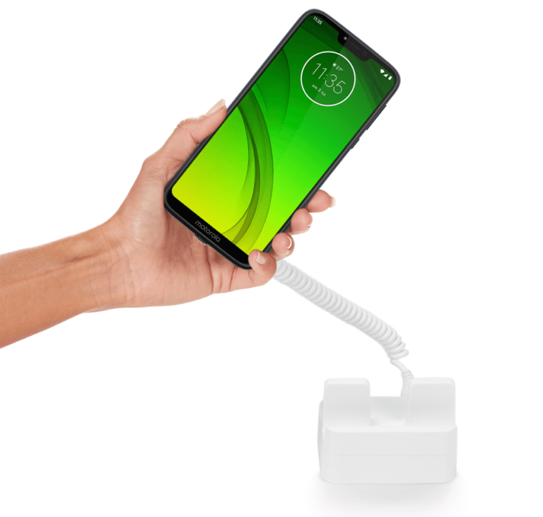 검은색 전화기에 녹색 화면이 부착된 흰색 보안 디스플레이